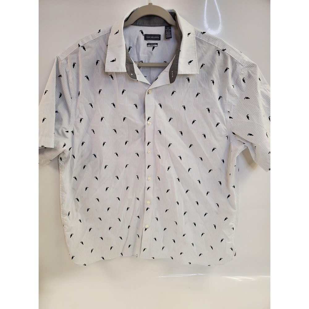 Van Heusen Shirt Mens 2XL Toucan Print Never Tuck Slim Fit Short Sleeve Casual‎